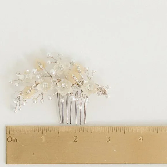 Wedding Bridal Hair Clip Comb Crystal Rhinestone Beaded Silver with Ivory - Picture 2 of 4